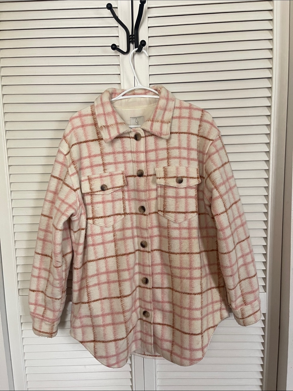 Joie Cream and Pink Plaid Button-Up Utility Shacket